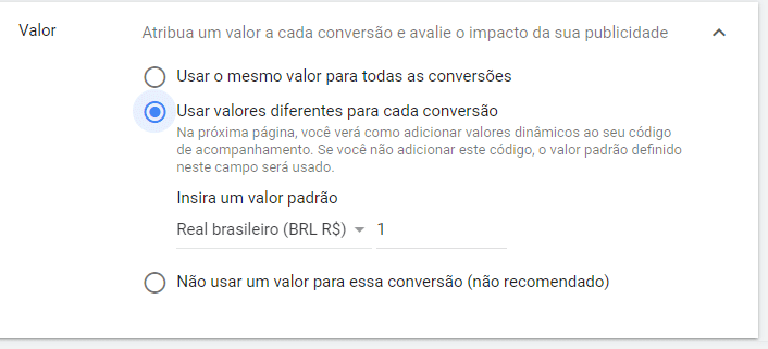 configurar valores de conversão no Google Ads