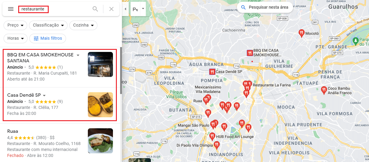 exemplo de anúncios no Google Maps