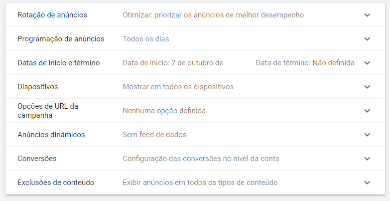 configurações adicionais