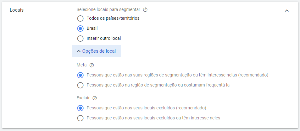 configurações locais