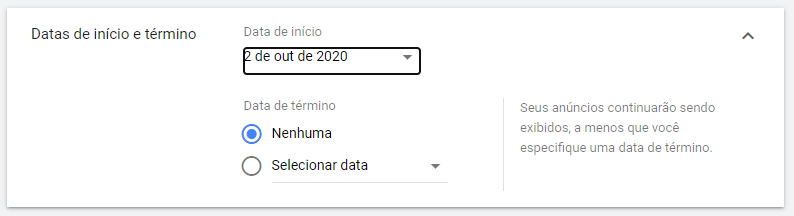 data início e término campanha