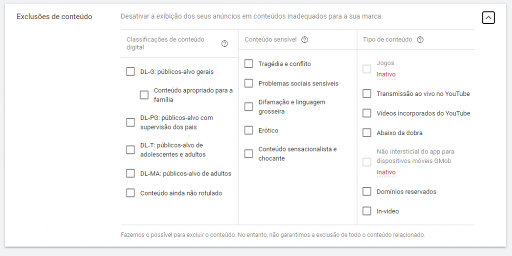 exclusões de conteúdo na rede de display
