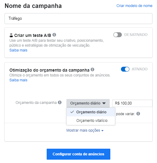 orçamento da campanha facebook