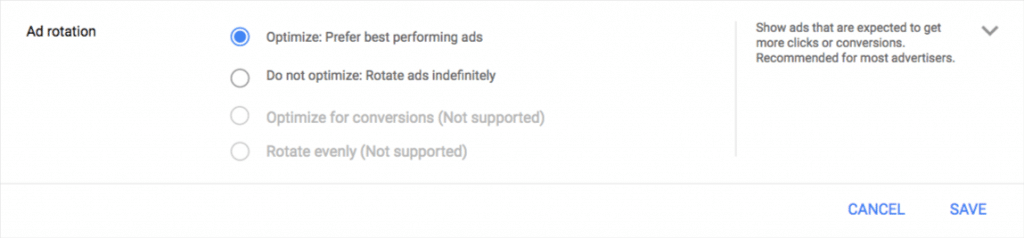 Google AdWords começa a suportar apenas duas opções de rotação de anúncios: Otimizar e Não Otimize (Alternar Indefinidamente).