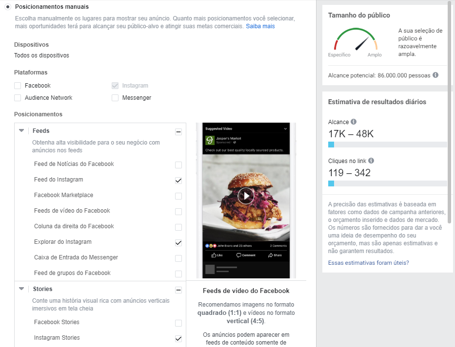 editar posicionamentos no instagram ads