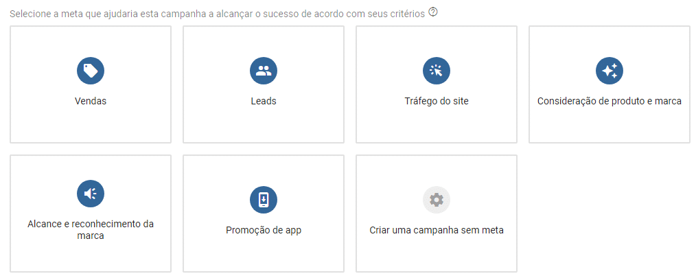 Um novo fluxo de criação de campanhas é introduzido. Nele, o anunciante define primeiramente a meta e somente depois o tipo de campanha e opções.