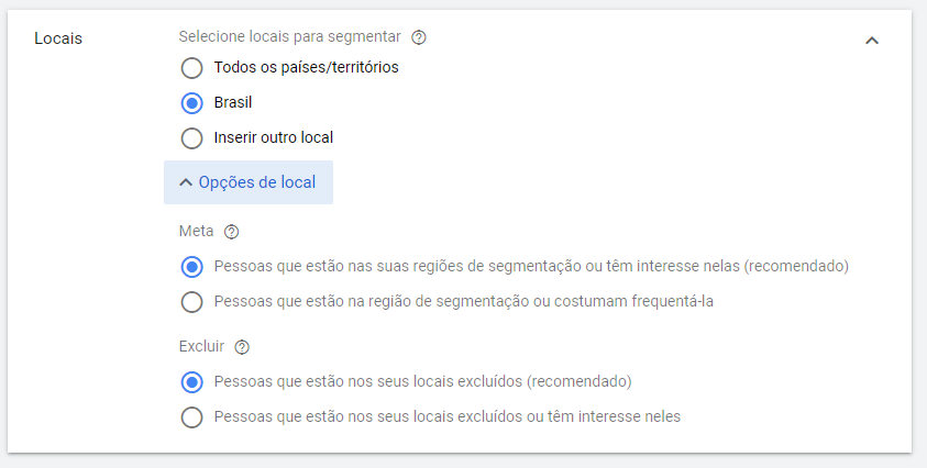 configurações local