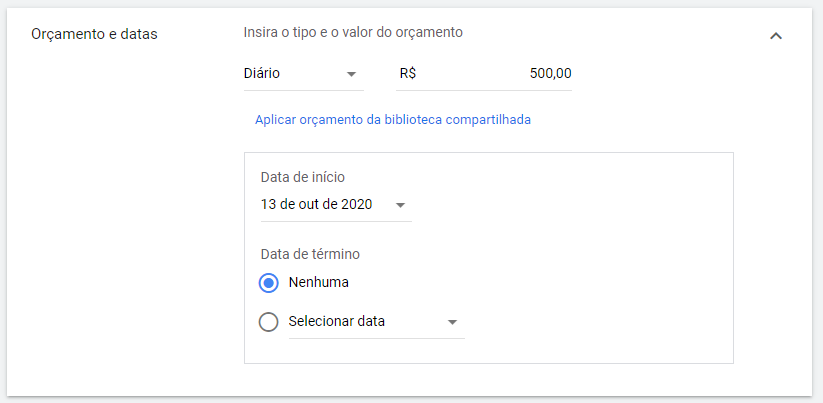 orçamento e data