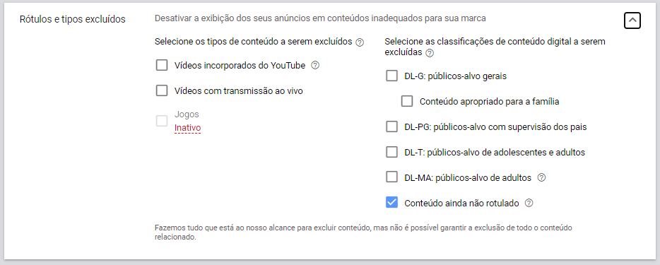rótulos e tipos excluídos