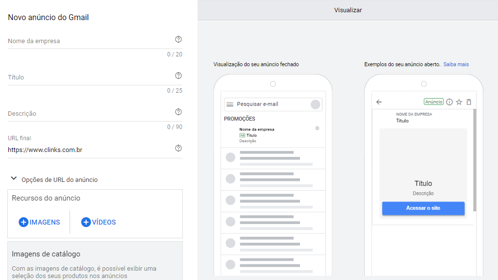 visualizar anúncios da campanha do gmail