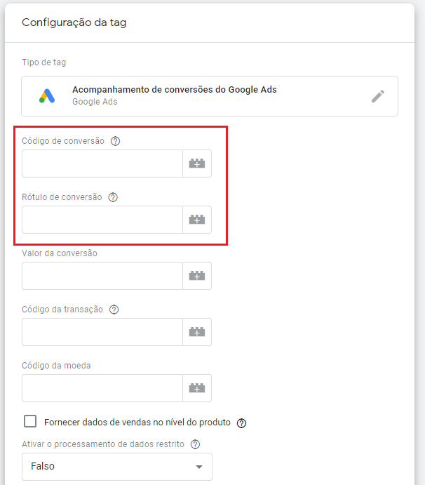 configuração do código de conversão