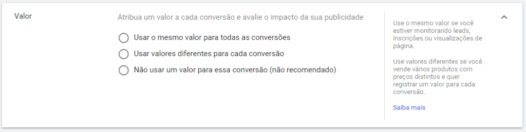valor da ação de conversão