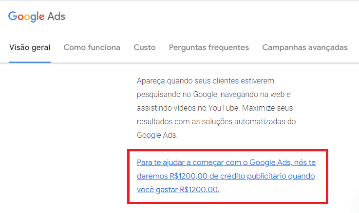 cupom 1200 reais do Google Ads
