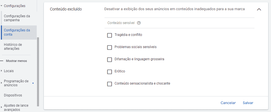 Excluir conteúdo sensível e inadequado